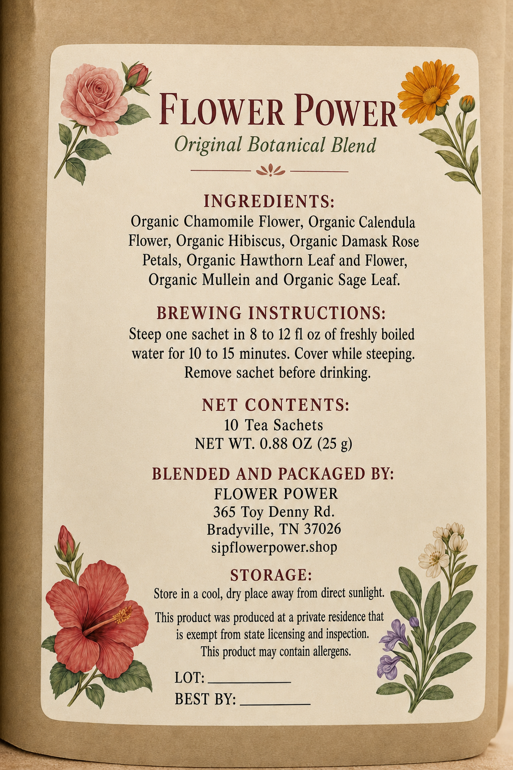 Flower Power ingredient and brewing instruction label