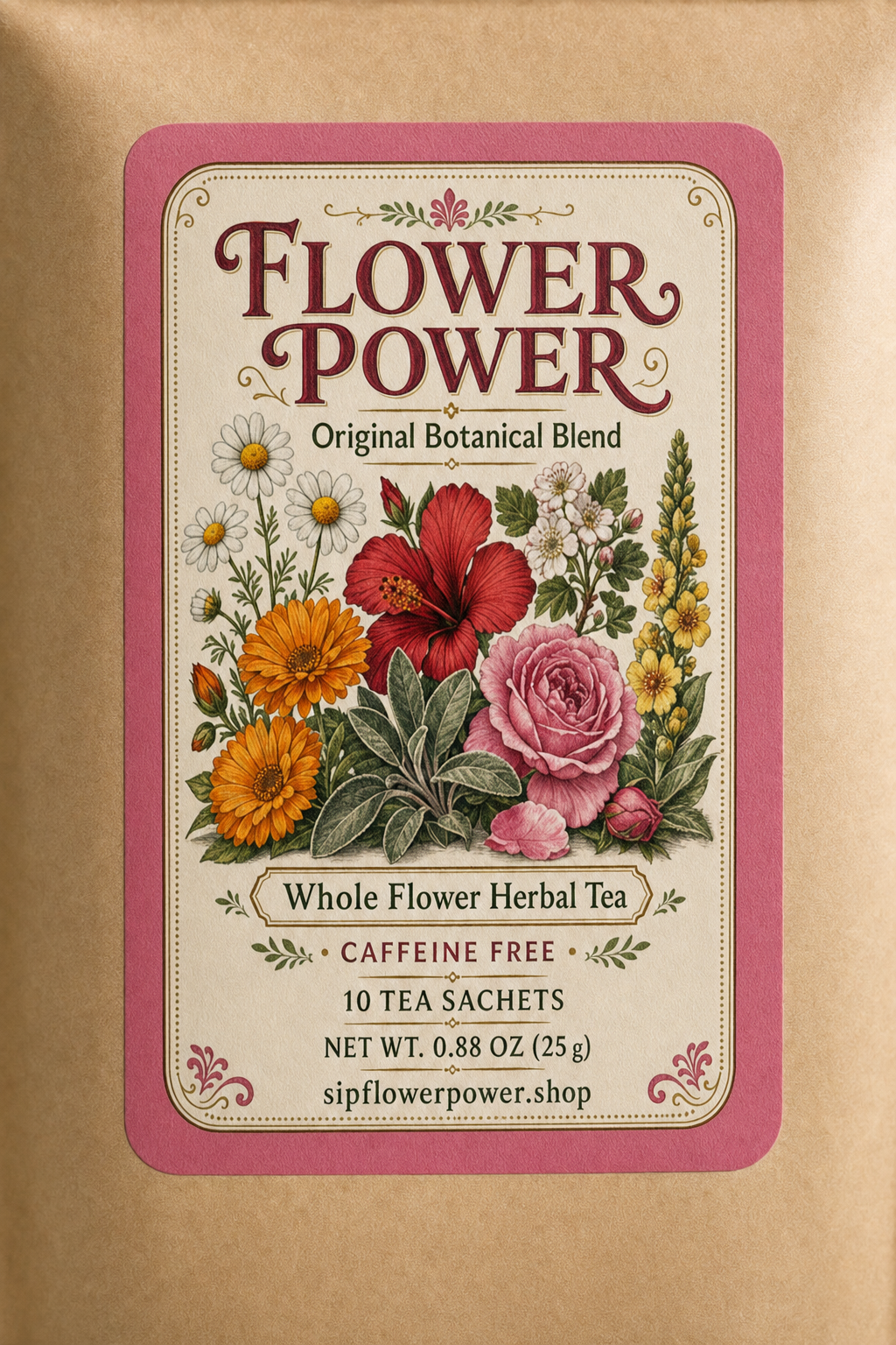 Flower Power Whole Flower Herbal Tea front package label
