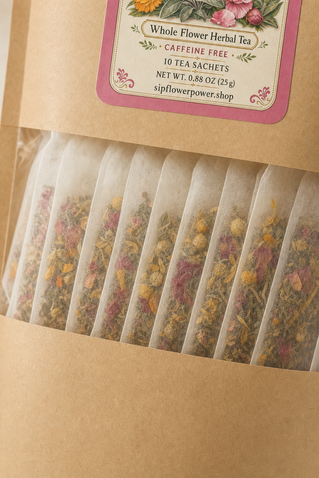 Individual Flower Power paper tea sachets visible through the pouch window