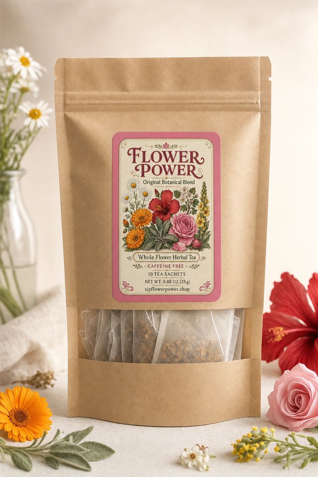 Flower Power Original Botanical Blend kraft tea pouch containing ten individual tea sachets