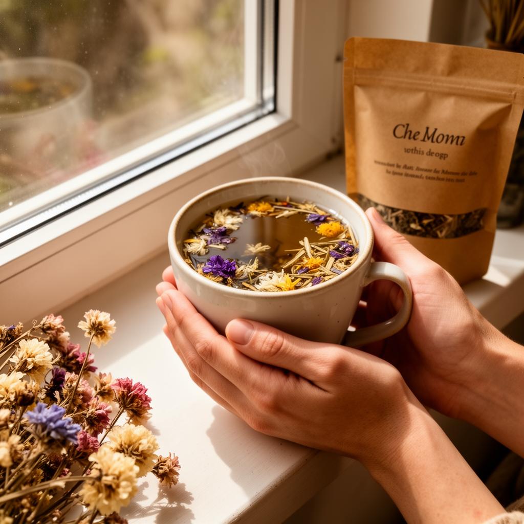 Hands holding a mug of floral tea by a sunlit window